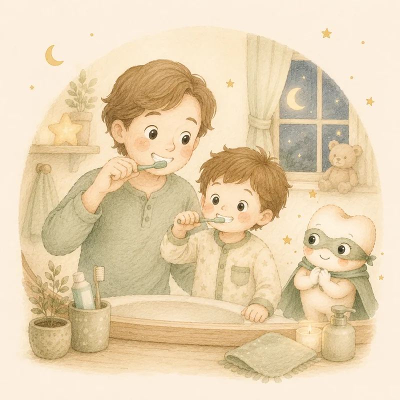 Parent et enfant qui se brossent les dents ensemble le soir, avec Tino Dentino